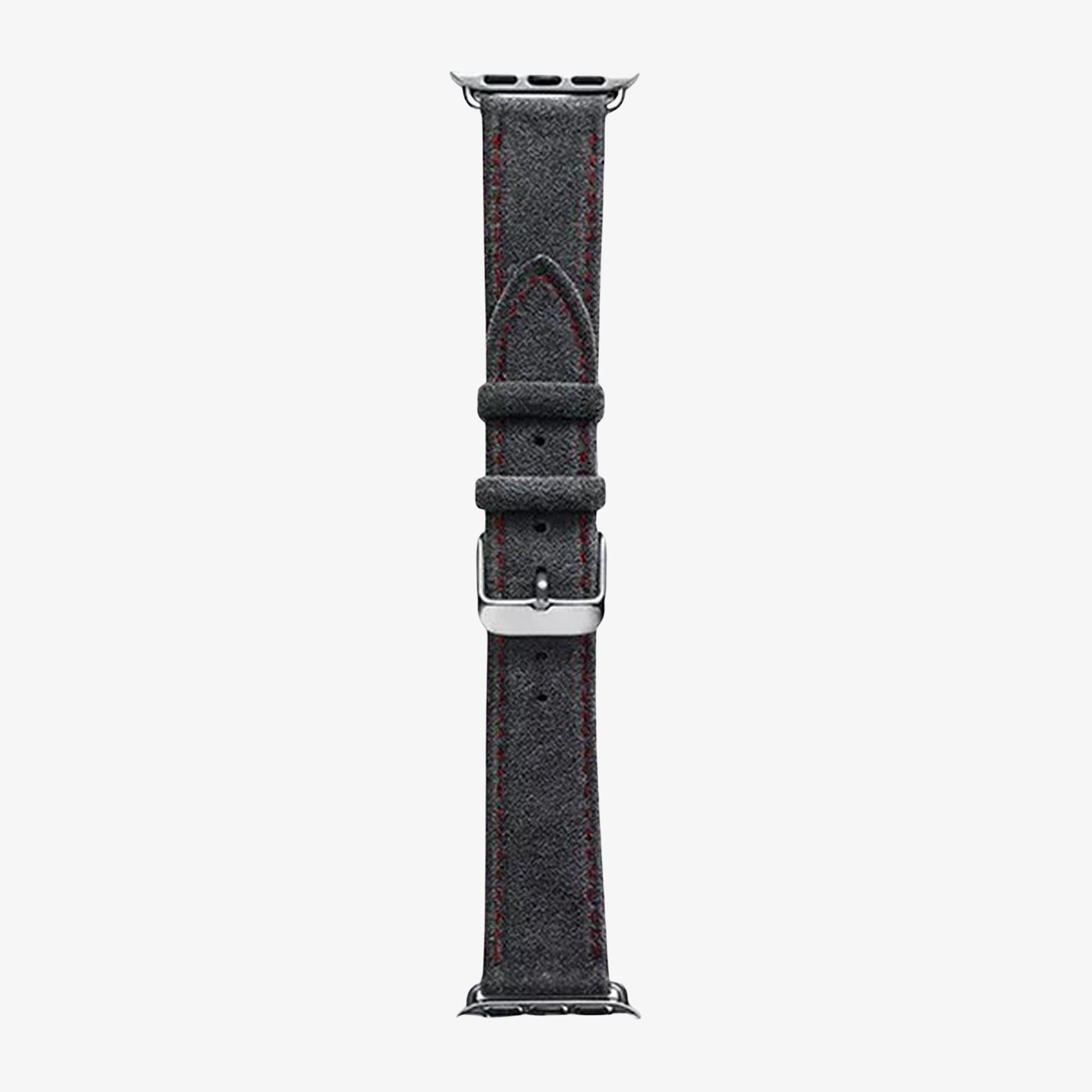Bracelet Apple Watch en Alcantara avec boucle - Gris sidéral avec surpiqûres rouges - 42/44/45/46 mm & Ultra (49 mm)