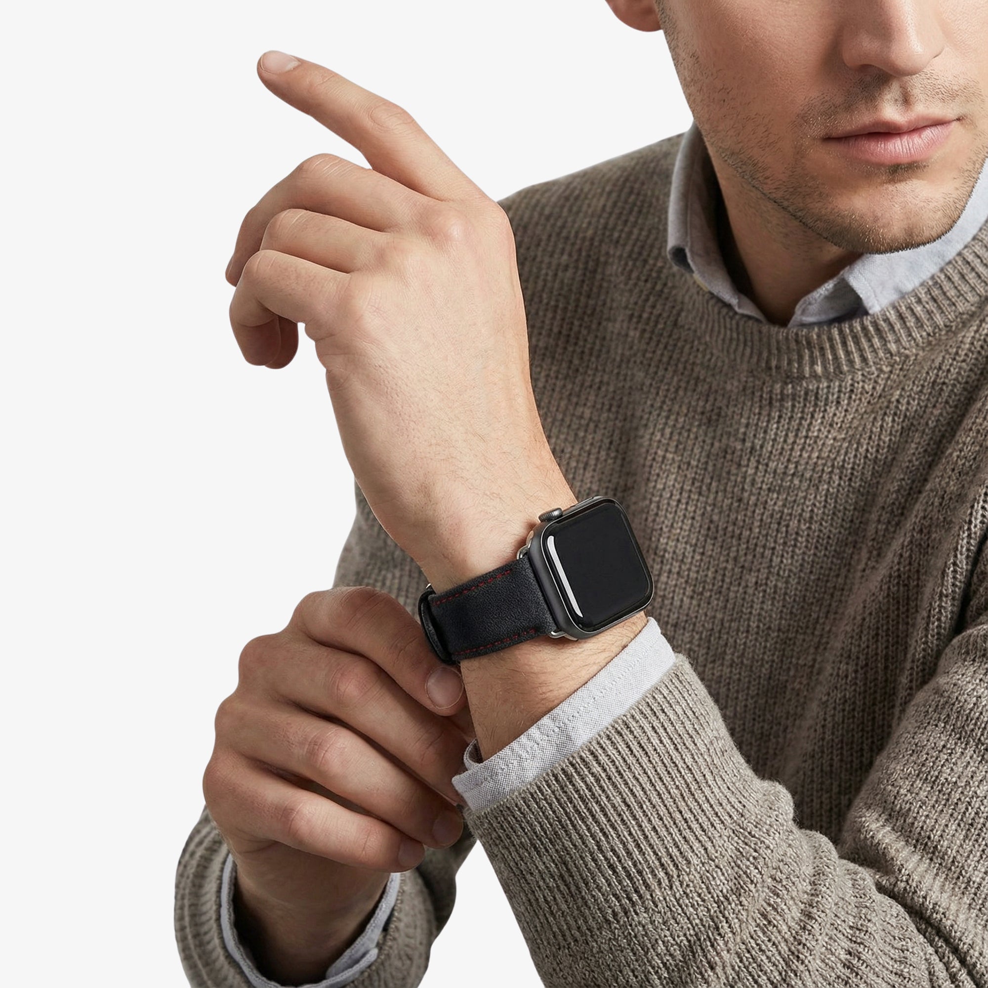 Bracelet Apple Watch en Alcantara avec boucle - Gris sidéral avec surpiqûres rouges - 42/44/45/46 mm & Ultra (49 mm)